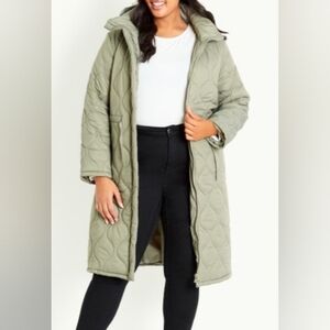Women's Plus Size Quilted Hooded Coat    Olive Green   Size 30/32  NWT